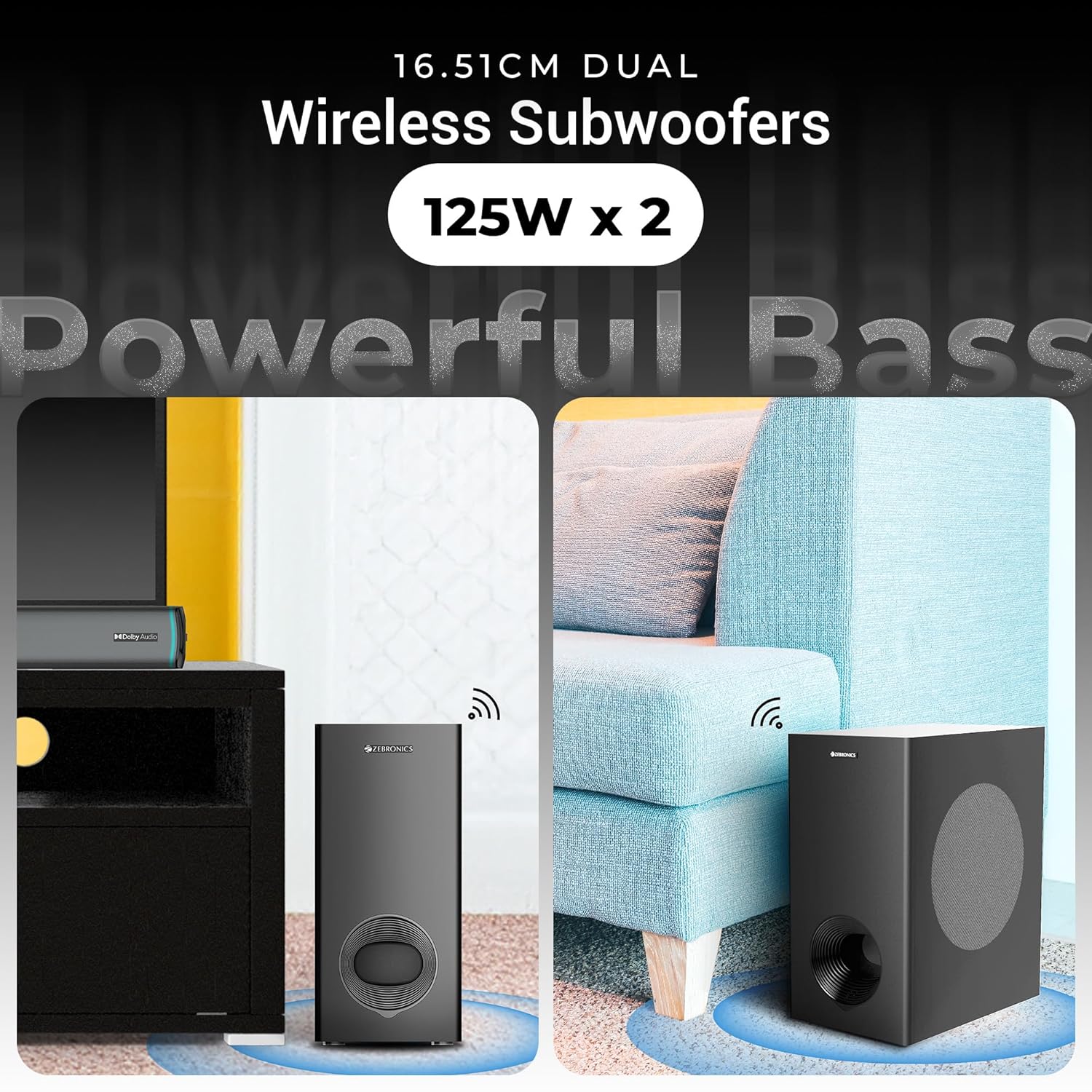 ZEBRONICS Juke bar 9550 pro 5.2 Soundbar (625 Watts), Dolby Audio, Dual Wireless Subwoofer &amp; Satellite, BT v5.3, HDMI ARC, Optical, Powerful Bass, RGB LED Lights, Wall Mountable - View 9