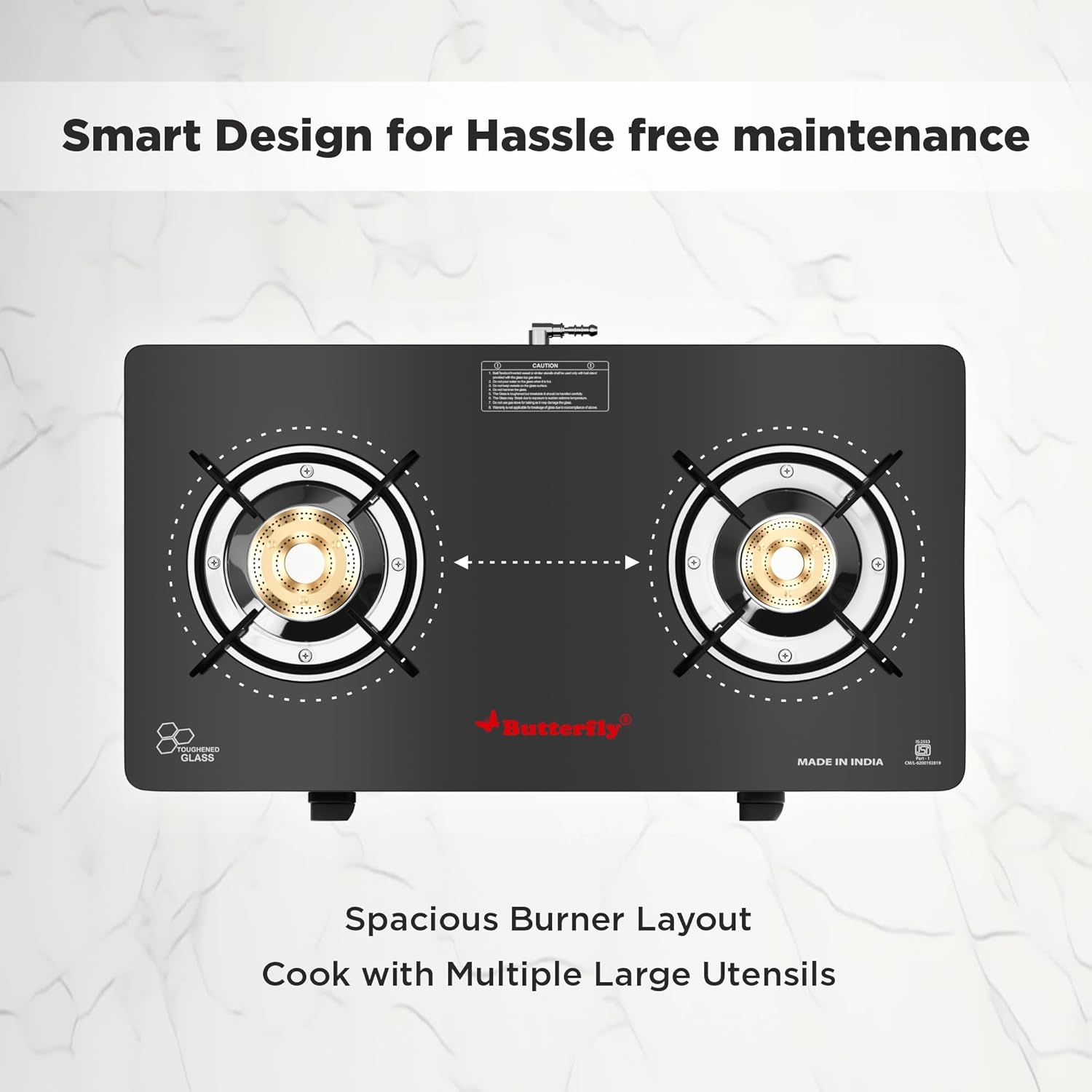 Butterfly Smart 2 Burner Glass Top Gas Stove | Manual Ignition | Scratch Resistant Toughened Glass | Brass Burners | Skid-proof Legs | 1 Year Manufacturer's Warranty | Black - View 3