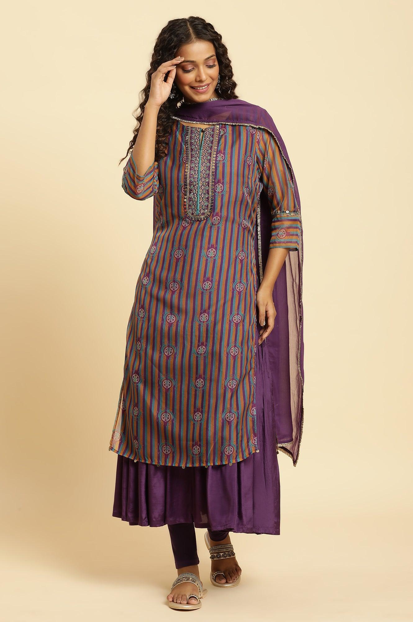 Purple Layered Suzani Printed Kurta, Tights And Dupatta Set - Image 5