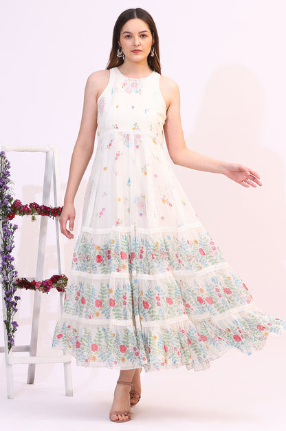 White Floral Printed Chiffon Tiered Flared Dress with Printed Cape