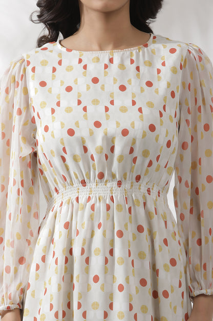 White Polka Dot Printed Gathered Western Dress - Image 2