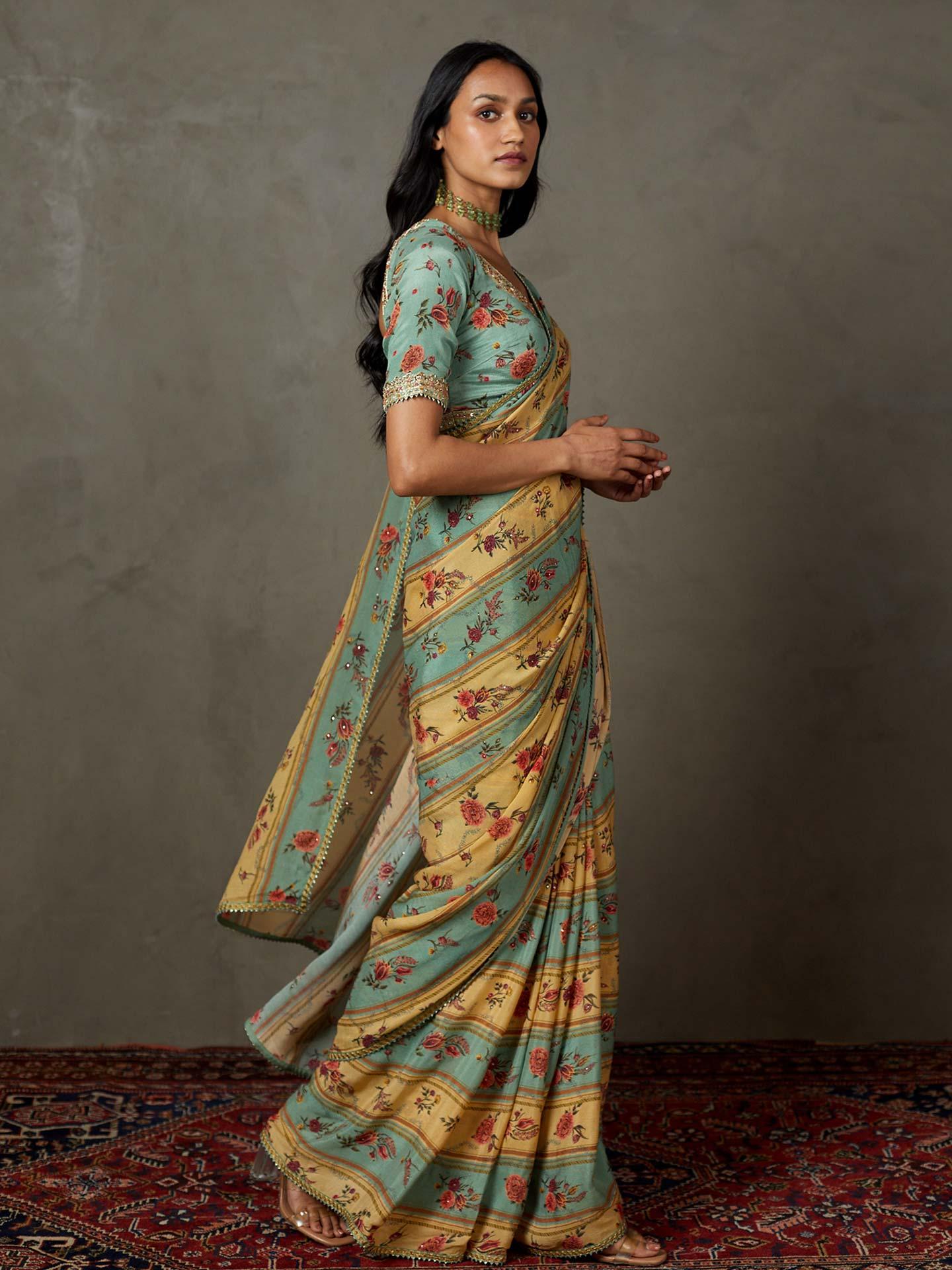 Light Teal Dahlia Saree With Unstitched Blouse - Image 5