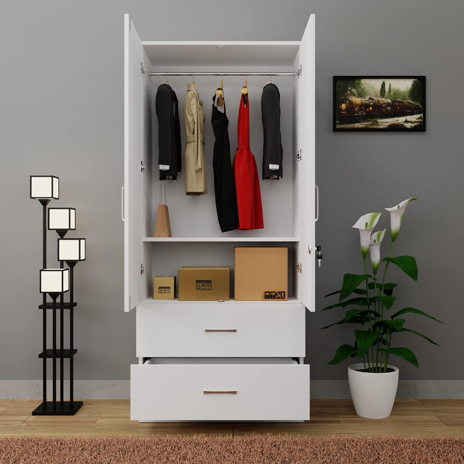 VIKI Wardrobe | Wooden Almirah for Clothes,Door for Bedroom, 2 Door Wardrobe with Drawer &amp; Hanging Space (Frosty White - 40D x 80W x 180H) | 1 Year Warranty | Free Assembly - View 4