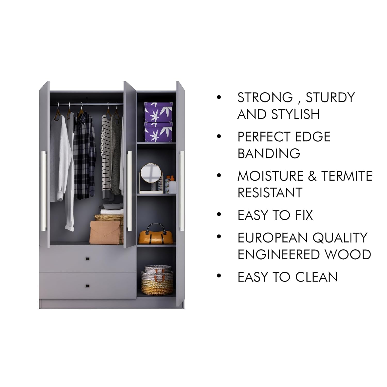 Bniture Wooden Almirah for Clothes, Door for Bedroom, 3 Door Wardrobe with 2 Drawer & Hanging Space (40D x 120W x 180H CM) | 3 Year Warranty (Giant Wood & Slate Grey) - View 6