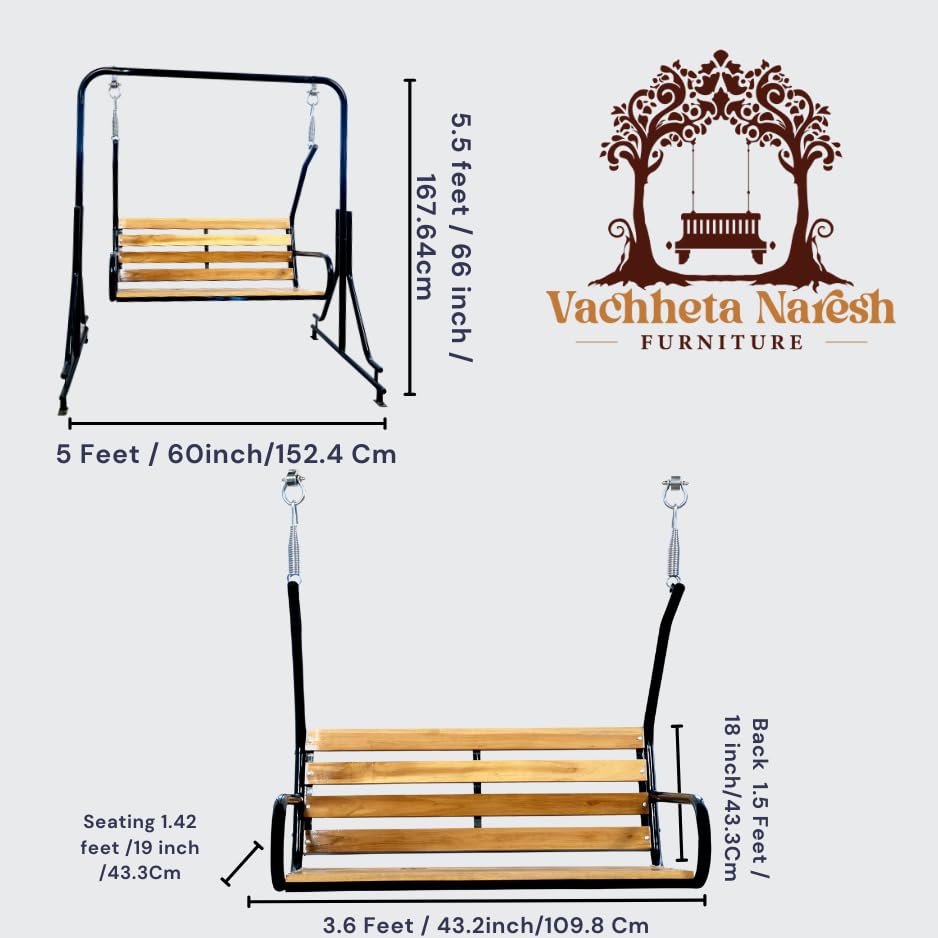 2-Seater Indoor &amp; Outdoor Swing - Natural Wooden Polished (50kg) | Upper Pipe Swing Jhula for Home and Blacony with Sturdy Stand | Strong 300 Kg Capacity Heavy Metal Swing - View 4