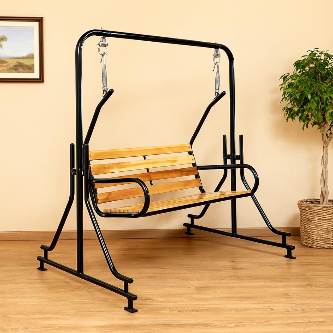 2-Seater Indoor &amp; Outdoor Swing - Natural Wooden Polished (50kg) | Upper Pipe Swing Jhula for Home and Blacony with Sturdy Stand | Strong 300 Kg Capacity Heavy Metal Swing