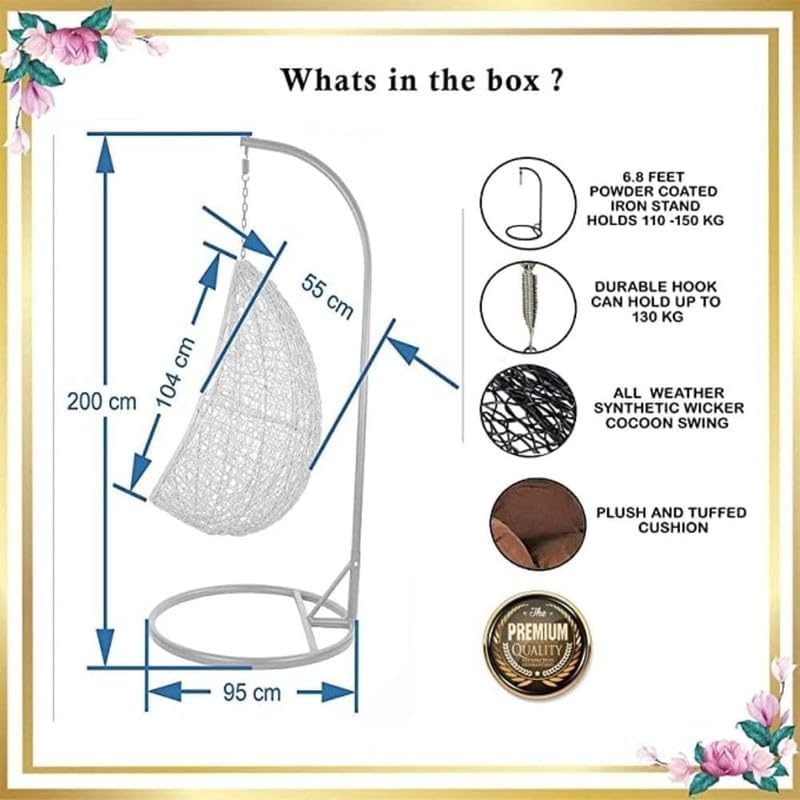 Single Seater Swing Chair with Stand &amp; Cushion Outdoor Indoor Balcony Garden Patio,Powder Coated Frame,UV Protected Wicker,Premium Cushion, Metal - View 4