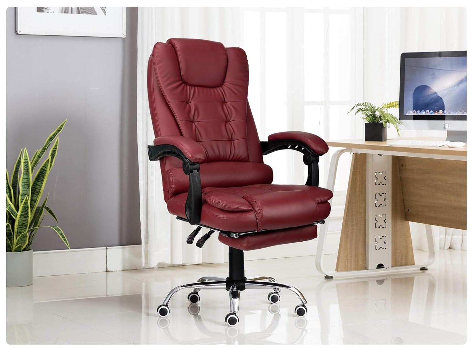 Premium Leatherette Office Chair for Work | 3-Years Warranty | Boss Chair for Office, Ergonomic Executive Chair, Cushioned Arms &amp; Seat, Leg Rest, Heavy Duty Metal Base (Burgundy)