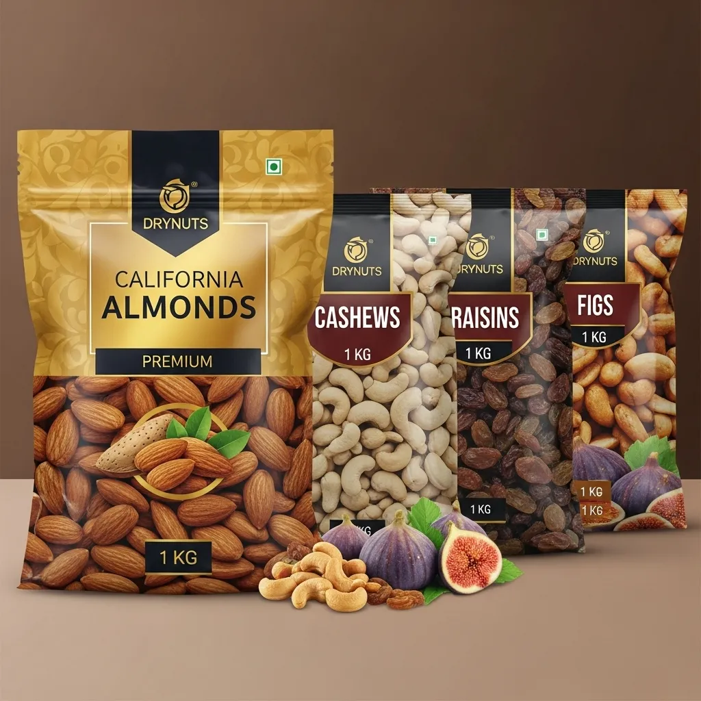 DRYNUTS Premium Dry Fruits Combo Pack - 1 KG Each (California Almonds, Cashews, Raisins, Figs)
